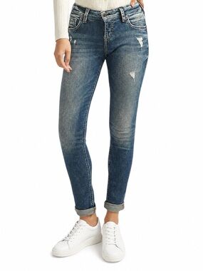 Silver Jeans Girlfriend Mid Rise Skinny Jeans Distressed Dark Wash Size 36